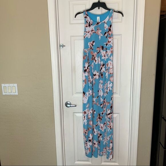 PinkBlush Aqua Floral Sleeveless Maternity Maxi Dress Size Small - Picture 1 of 10